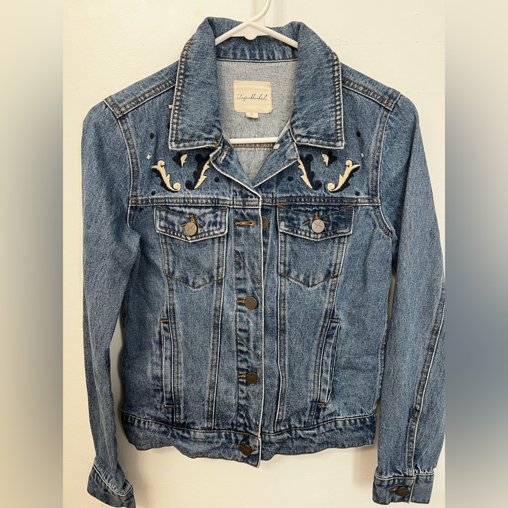 Unpublished Anthropologie Brand Blue Embroidered Denim Jean Jacket